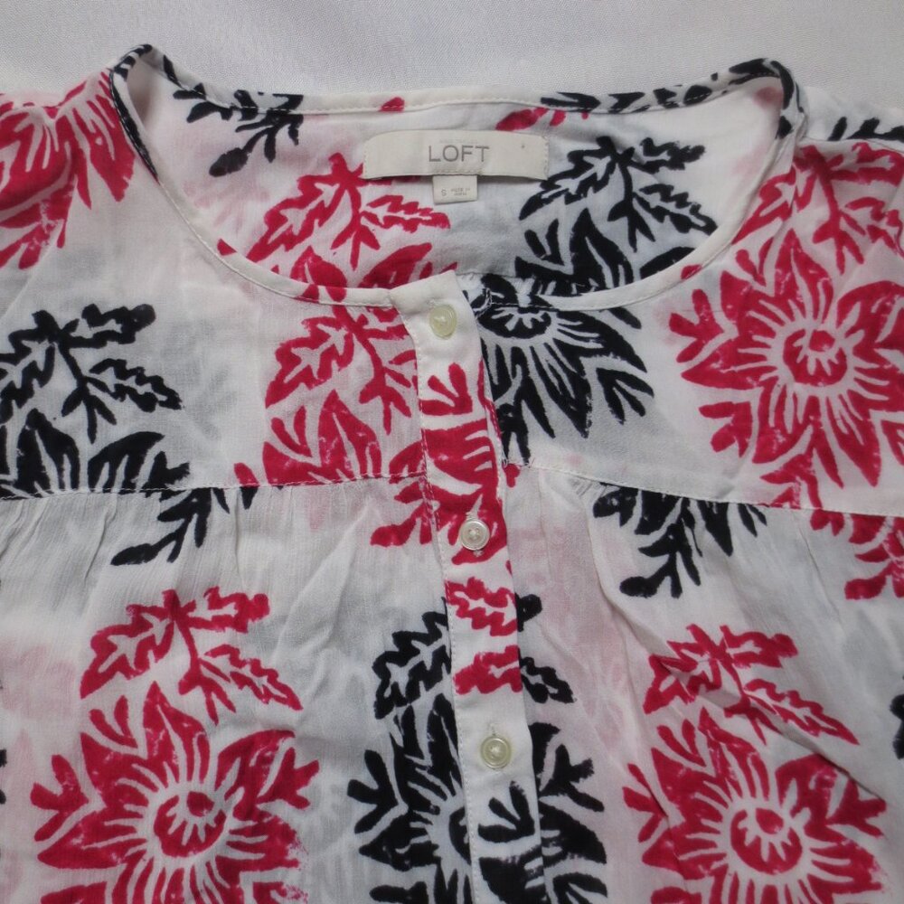LOFT womens BLOUSE shirt SHEER floral OFF WHITE black HOT PINK career TOP SIZE S